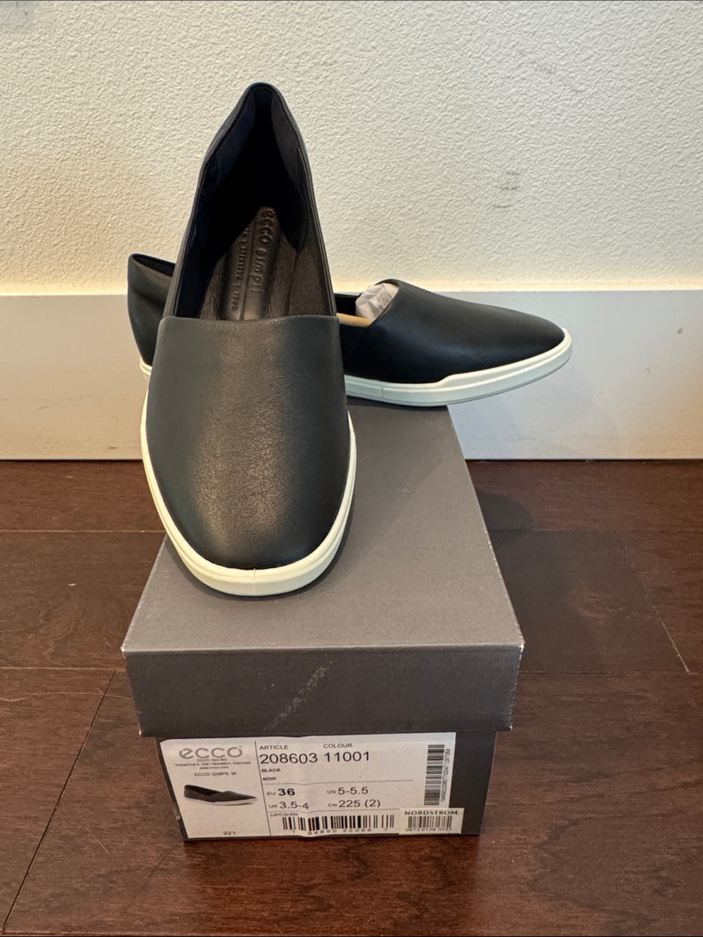 Ecco Black Leather Slip-On Flats with White Sole